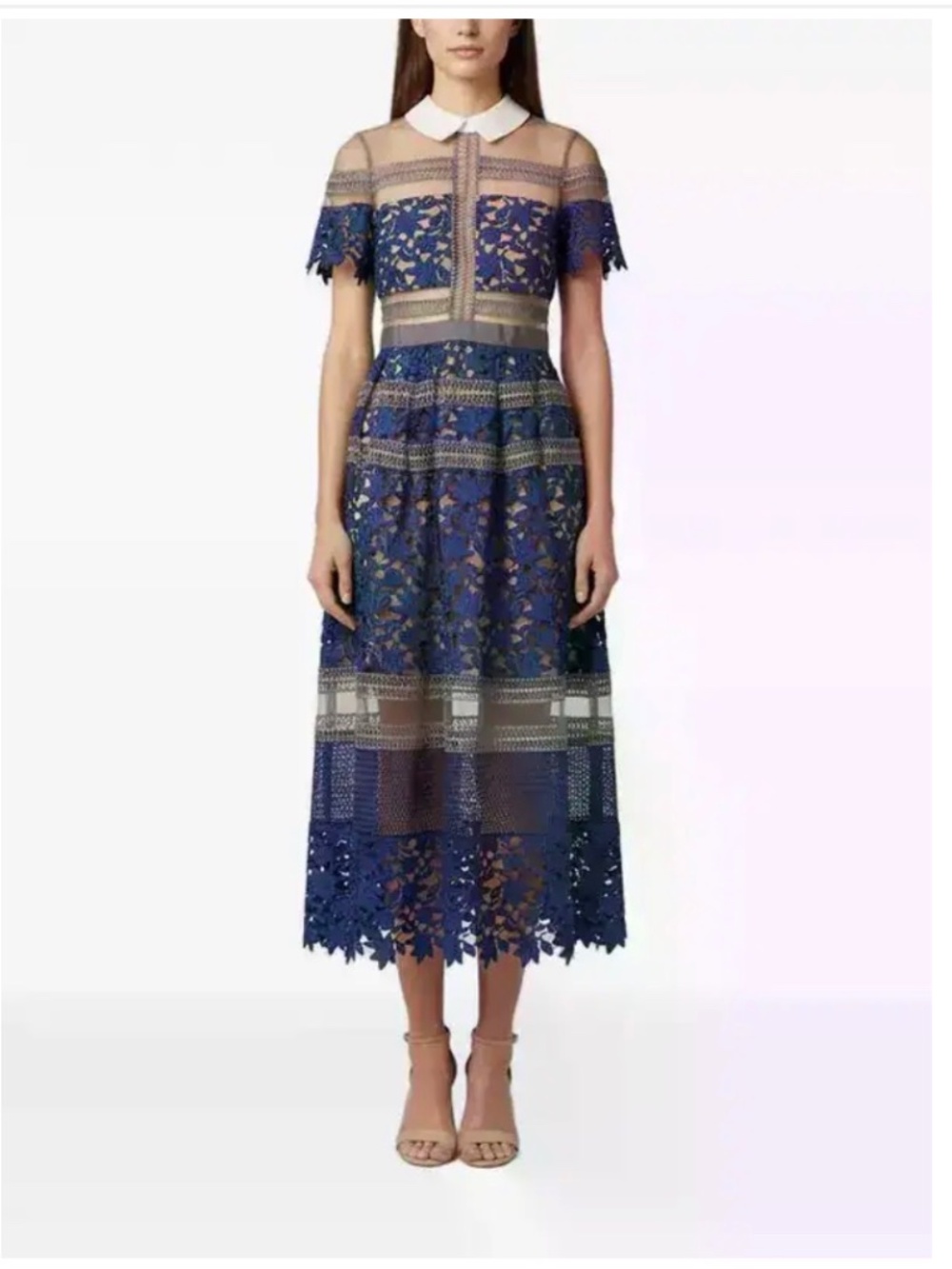 Self-Portrait Liliana Dress US 6 Blue Lace Mesh Midi Collared NWT Designer